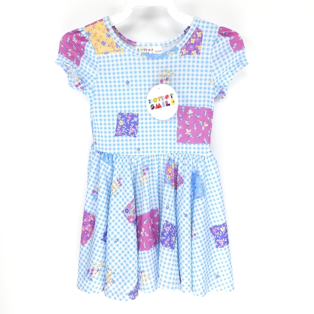 🆕️ Dot Dot Smile Classic Cap Baby Girl Dress Checkered Floral Patchwork Blue